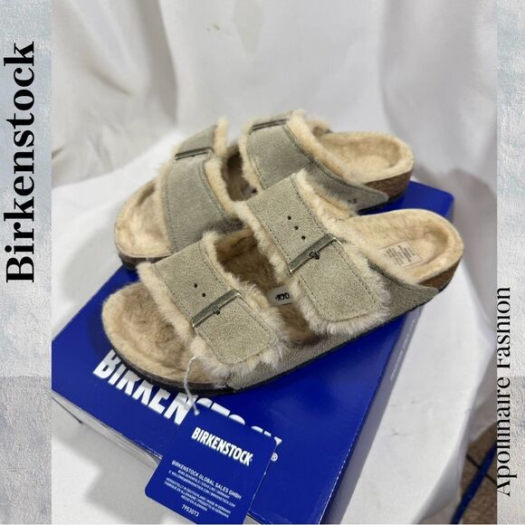 Birkenstock ArizonaTaupe Shearling Lined Sandals Size 39 NIB NWT - Picture 1 of 5
